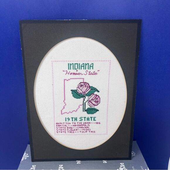 Indiana Cross-Stitch Art with Pink Roses Matted 12x9 - Picture 1 of 3